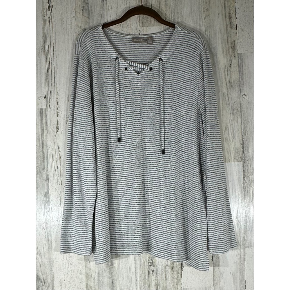 Chicos Knit Tunic Top Size 3 or XL Gray Stripe Lace Up Neck French Terry Neutral